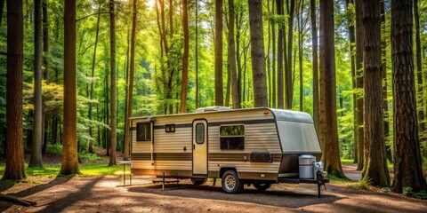 Naklejka premium Travel trailer nestled among tall trees in the forest at Ferne Clyffe State Park, Illinois, camping, trailers, forest