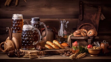 Still life with beer glasses and snacks, Oktoberfest celebration