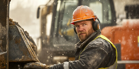 Rugged Caucasian construction worker operating heavy machinery at a construction site.