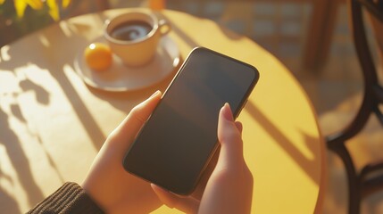 A person enjoying a warm drink while using a smartphone in a cozy setting during the morning