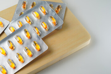 Oil filled blister pack capsules, softgel of food supplements, fish oil, omega 3, vitamin DHA