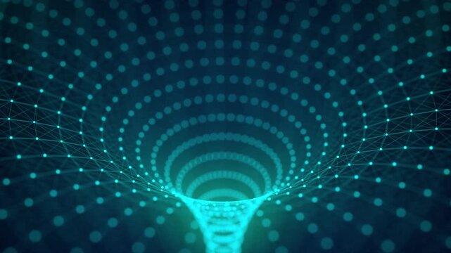 Technology wireframe circle tunnel on blue background. Futuristic 3D wormhole grid. Big data visualization. 3D rendering.
