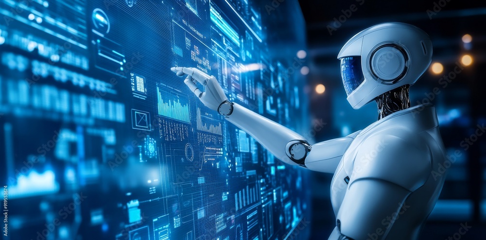 Poster a cyber digital world with android robots pointing fingers, computer coding, ai chatbots, futuristic