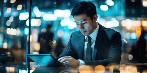 Asian businessman working diligently at a busy airport terminal