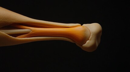 Closeup of the elbow joint with the ulnar nerve passing behind the medial epicondyle of the humerus, emphasizing the vulnerable nerve location, anatomy, elbow bones and nerves