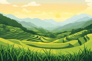 Obraz premium Flat design of rice terrace landscape background vector illustration