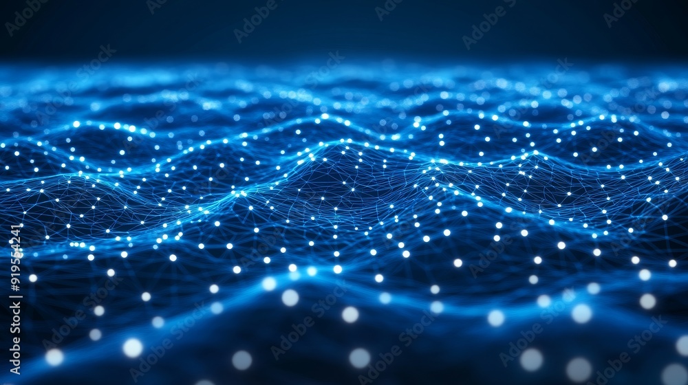Poster a blue technology and communication background consists of plexus elements and depth of field settin