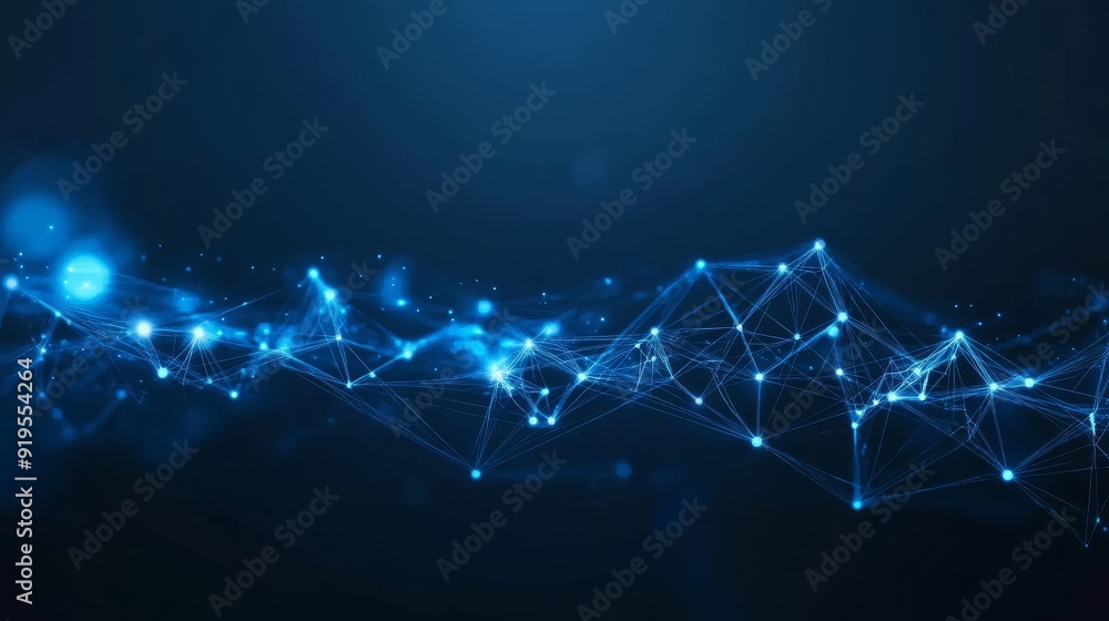 Aufkleber an abstract blue background with plexus elements and depth of field settings.