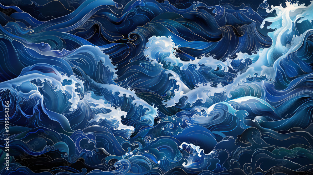Aufkleber Stunning depiction of turbulent deep blue ocean waves creating a captivating pattern
