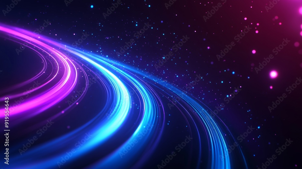 Poster illustration of light trails on a blue technology background with energy streaming. abstract dynamic