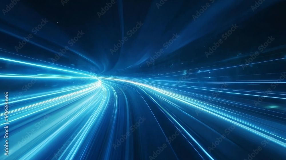 Poster abstract blue background with colorful light trails. futuristic dynamic data flow. illustration of b