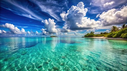 Crystal clear sea water bay with a pristine ocean lagoon, sunny cloudy sky, and an idyllic relaxing seascape