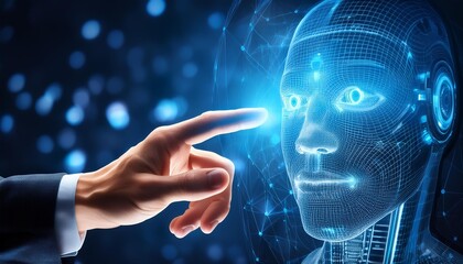 futuristic humanai interaction human hand reaching out to touch advanced robots fingertip ethereal blue glow technological marvel theme