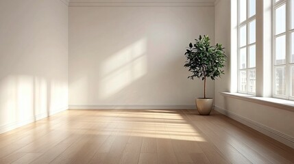 Empty bright room with wooden floor, minimalist interior with plant and sunlight from the large window.