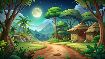 Horizontal cartoon background jungle with hiking road
