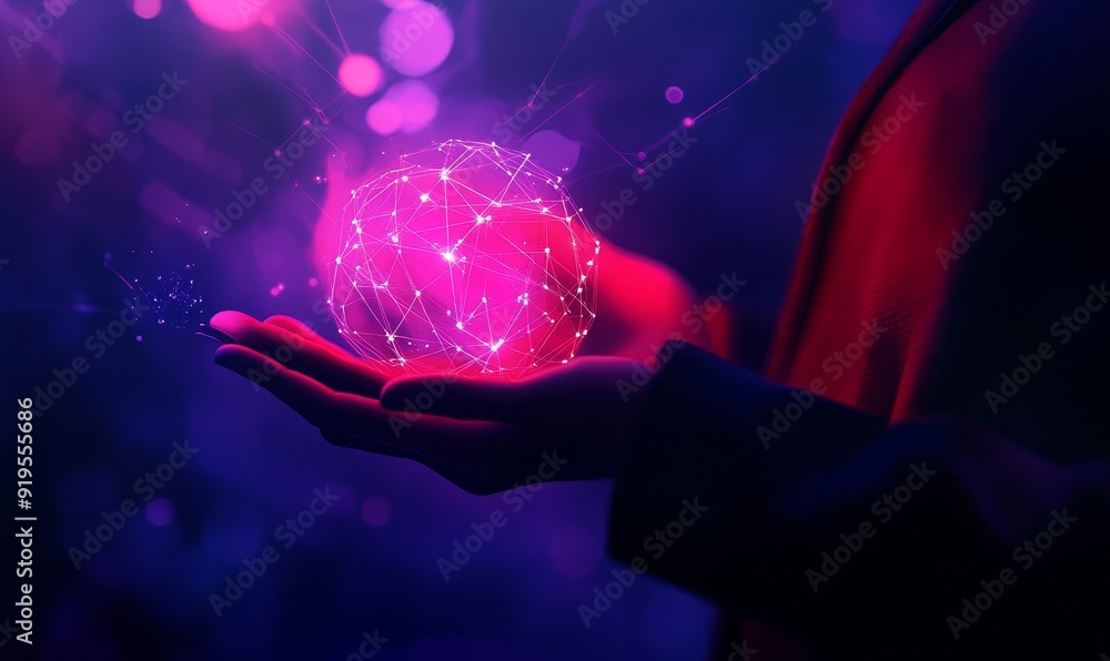 Poster conceptual visualization of metaverse technology. woman holding global network connection. internet 