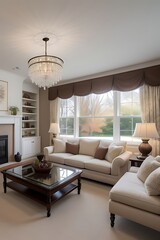 Living room with white furniture and brown accents.