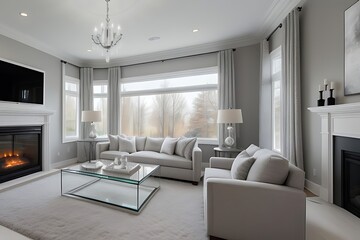 Living room with white furniture and gray accents.