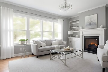 Fototapeta premium Living room with white furniture and gray accents.