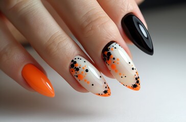 Woman with halloween nail art design showing stylish trendy manicure