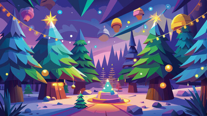 Magical forest with christmas trees and glowing lights. AI digital illustration