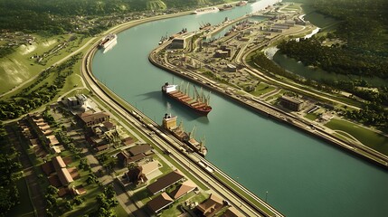Naklejka premium Aerial View of a Busy Panama Canal Section