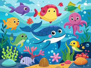 Sea life. Cartoon ocean underwater animals. Cute water fish, sea horse, crab, shark, dolphin, turtle, happy jellyfish. Marine wildlife creatures. Kids vector illustration.
