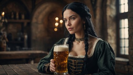 black hair waitress holds beer glasses at the Oktoberfest festival. Oktoberfest concept