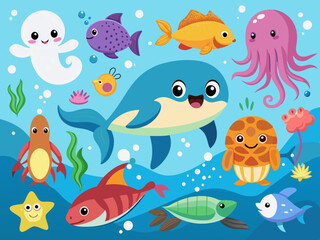 Sea life. Cartoon ocean underwater animals. Cute water fish, sea horse, crab, shark, dolphin, turtle, happy jellyfish. Marine wildlife creatures. Kids vector illustration.
