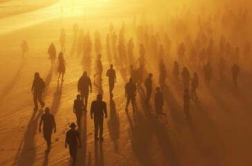 Fototapeta premium Mystical sunset casting long shadows of people walking on the beach, creating a dreamlike atmosphere filled with introspection and the magic of the ethereal light.