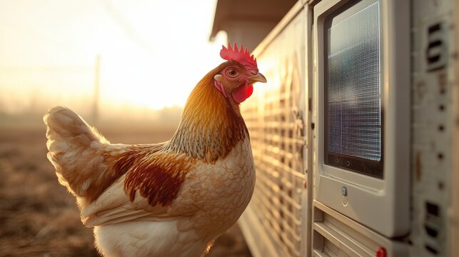 A chicken interacts with a modern digital device on a farm, highlighting the integration of technology in poultry farming. The sunrise in the background adds warmth to the scene. - Powered by Adobe