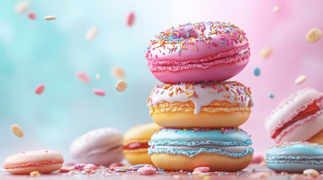 Enchanting Fantasy Sweets Park: Photorealistic Donut Stage with Pastel Macarons, Shiny Puddings, and Colorful Parfaits