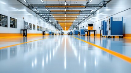 A modern industrial facility showcasing a clean, spacious floor with advanced machinery lining the walls, highlighting efficient design.