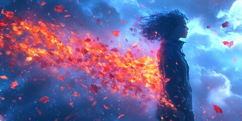 Woman with a Trail of Falling Autumn Leaves