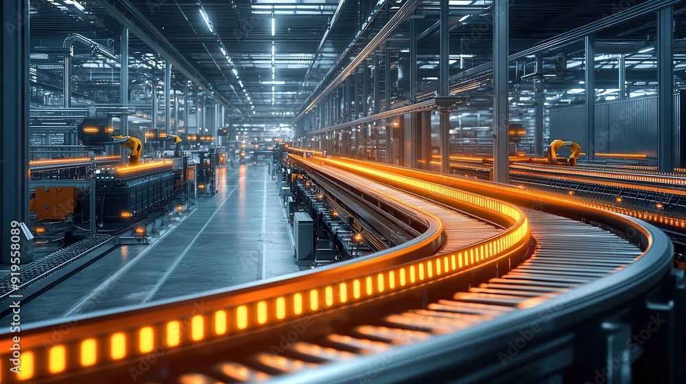 Poster an automated conveyor system moving materials through a factory
