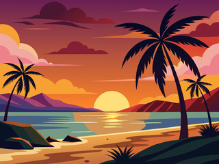 Sunset beach scene. Tropical evening paradise background with seawater, palm trees, sand. Palm silhouette on colorful sky. Evening ocean breeze. Nature summer sunset. Vector concept
