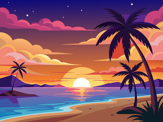 Sunset beach scene. Tropical evening paradise background with seawater, palm trees, sand. Palm silhouette on colorful sky. Evening ocean breeze. Nature summer sunset. Vector concept
