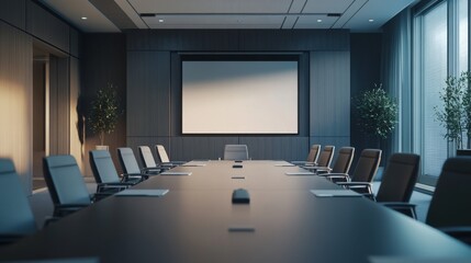 Interior of a stylish empty conference room in a business real estate setting featuring a long table ergonomic chairs and a large screen for presentations