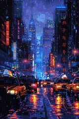 2D pixel art cityscape at night, glowing windows, animated cars, and streetlights illuminating the scene