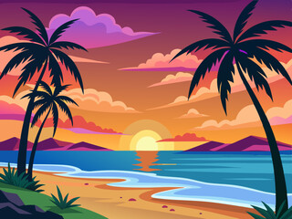 Sunset beach scene. Tropical evening paradise background with seawater, palm trees, sand. Palm silhouette on colorful sky. Evening ocean breeze. Nature summer sunset. Vector concept
