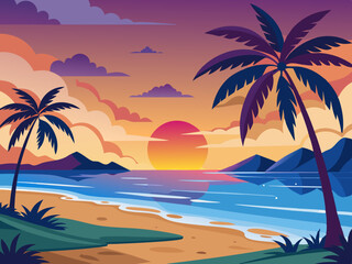 Sunset beach scene. Tropical evening paradise background with seawater, palm trees, sand. Palm silhouette on colorful sky. Evening ocean breeze. Nature summer sunset. Vector concept
