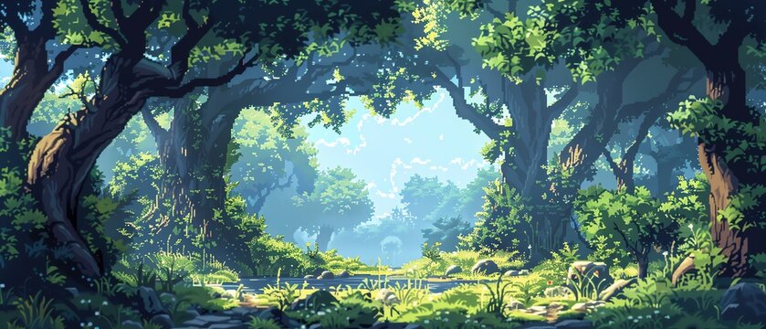 2D pixel art forest with tall trees, wildlife, and a hidden path leading to a mysterious cave