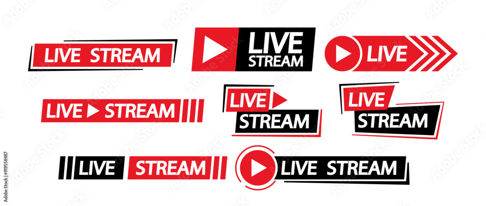 Poster set of live stream icons for online broadcasting and streaming feature modern designs in red, black 
