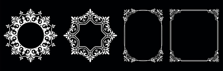 Set of decorative frames Elegant vector element for design in Eastern style, place for text. Floral black and white borders. Lace illustration for invitations and greeting cards.