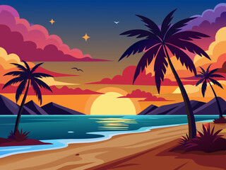 Sunset beach scene. Tropical evening paradise background with seawater, palm trees, sand. Palm silhouette on colorful sky. Evening ocean breeze. Nature summer sunset. Vector concept
