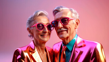Handsome and fashionable elderly people in bright clothes, active and happy life