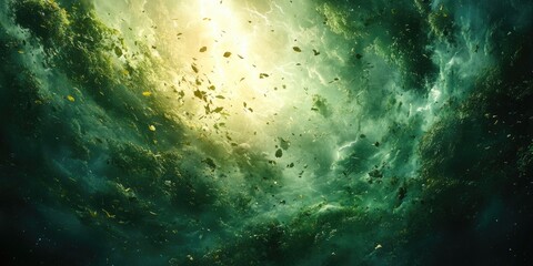 Green and Yellow Swirling Clouds with Lightning and Falling Leaves