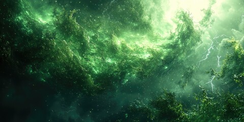 Obraz premium Green Swirling Clouds with Lightning and Stars