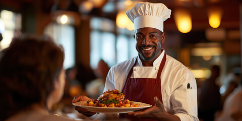 African American male chef wearing a toque and apron, proudly presenting a dish to a customer in a bustling restaurant.