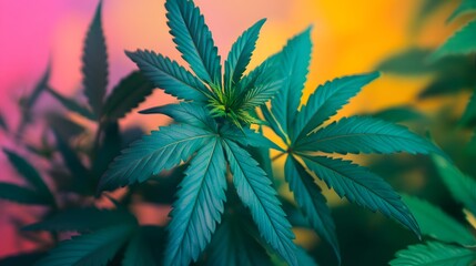Marijuana leaves on a colorful background, close up top view on cannabis leaves and branches on colorful background for alternative medical and marketing design concept